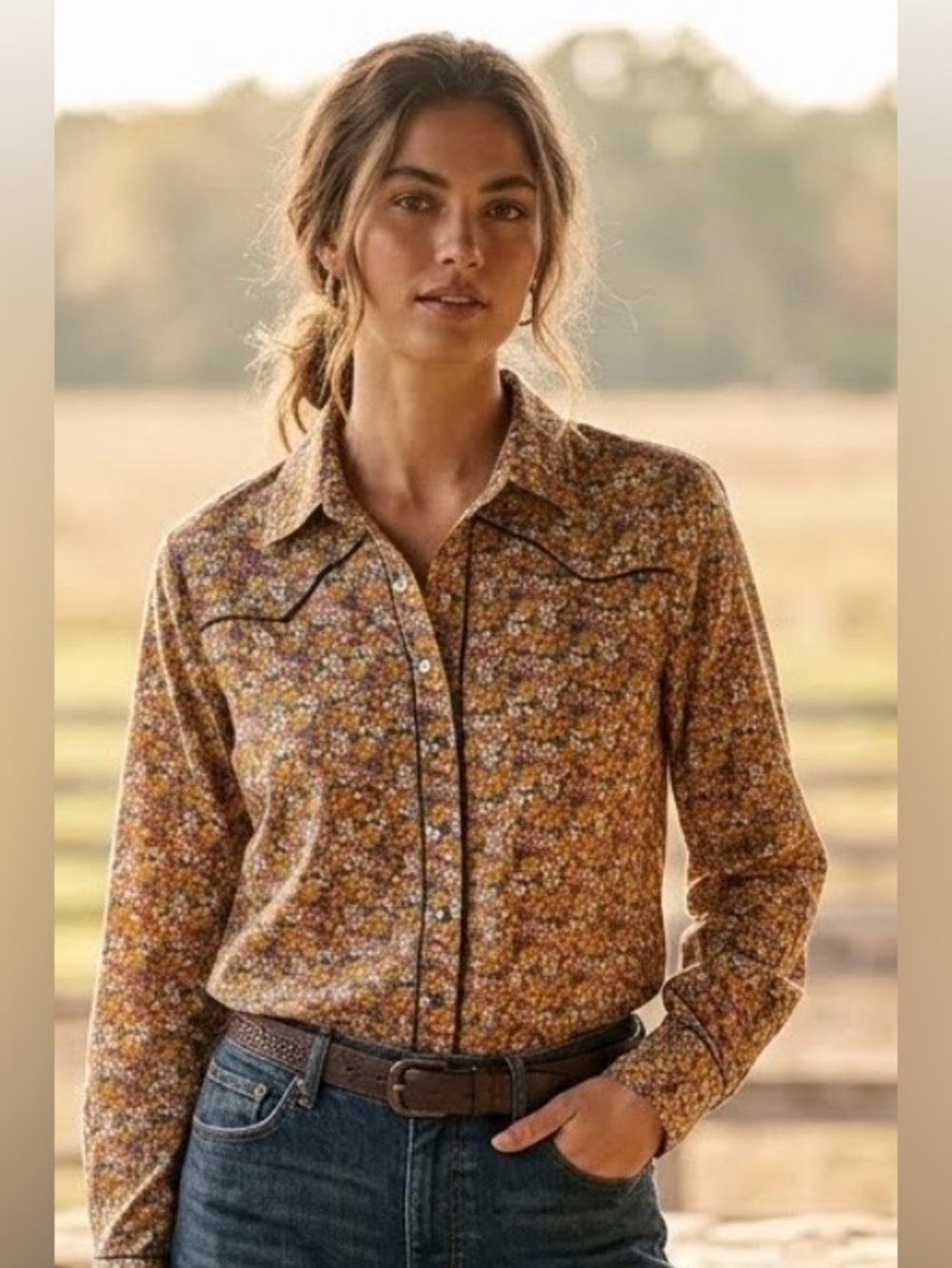 Natural Life Floral Long Sleeve Pearl Snap Shirt with Contrast Piping Size Large